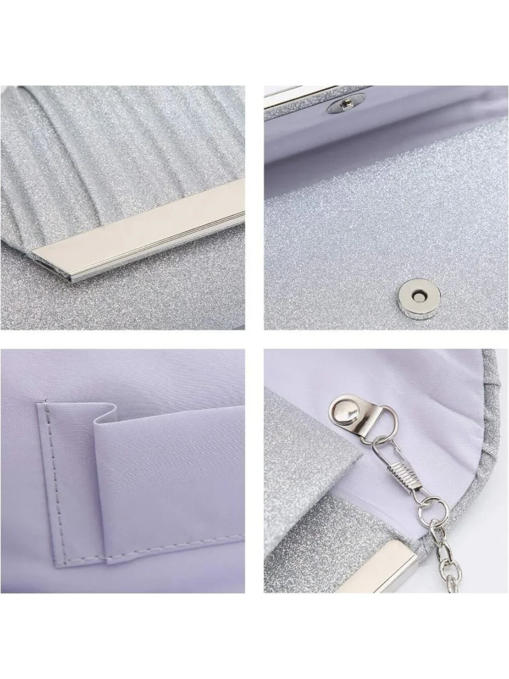 Women Glitter Silver Clutch With Detachable Chain Wedding Formal Evening Bag